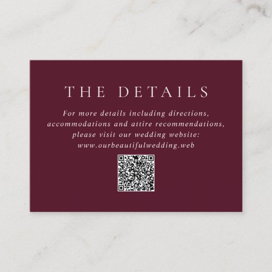 Deep Burgundy Elegant QR Code Classic Wedding Informatiekaartje (Voorkant)