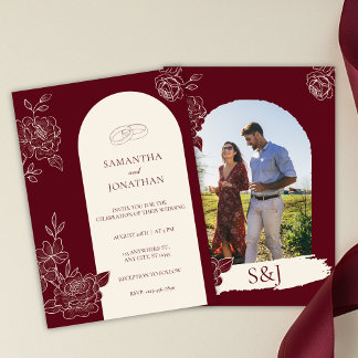 Deep Burgundy Floral Arch Photo Back Wedding Kaart
