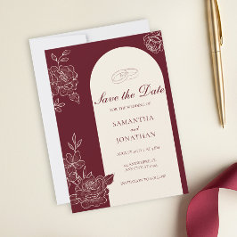 Deep Burgundy Floral Arch Wedding Save the Date Kaart