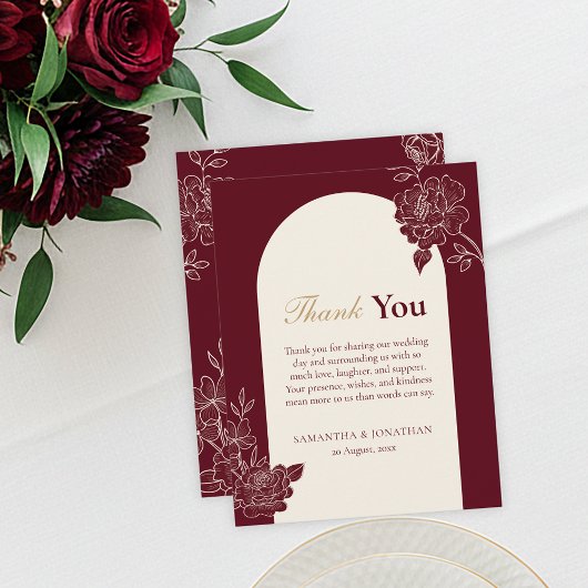 Deep Burgundy Floral Arch Wedding Thank You Card Bedankkaart
