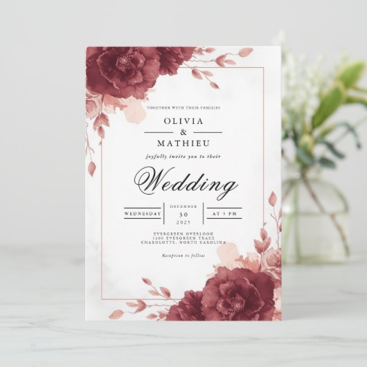 Deep Burgundy Floral Archway Wedding Kaart (Staand voorkant)