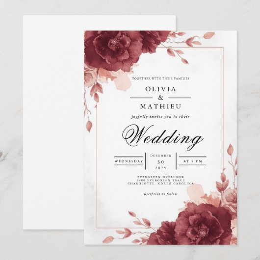 Deep Burgundy Floral Archway Wedding Kaart (Voorkant / Achterkant)