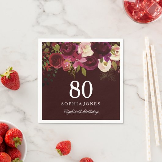 Deep Burgundy Floral Boho 80th Birthday Party Servet (Insitu)