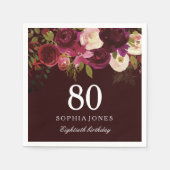 Deep Burgundy Floral Boho 80th Birthday Party Servet (Voorkant)
