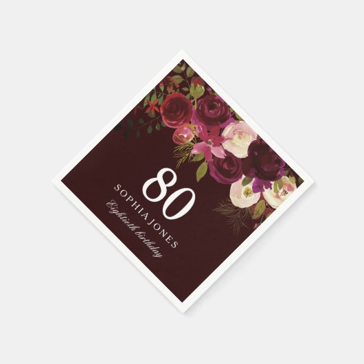 Deep Burgundy Floral Boho 80th Birthday Party Servet (Hoek)