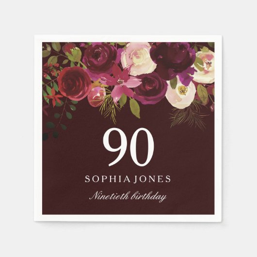 Deep Burgundy Floral Boho 90th Birthday Party Servetten (Voorkant)
