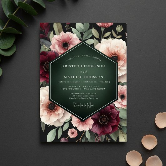 Deep Burgundy Floral Enchantment Wedding Kaart