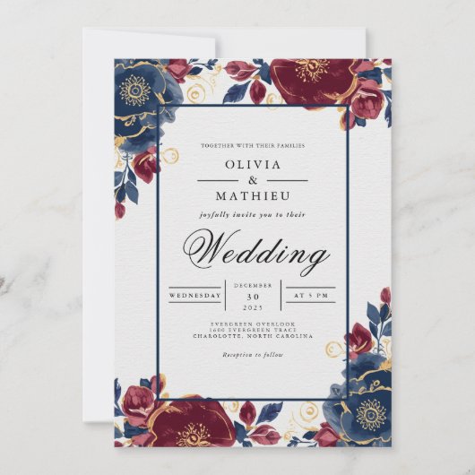 Deep Burgundy Floral Frame Wedding Kaart (Voorkant)