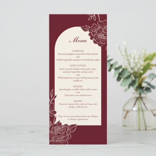Deep Burgundy Floral Ivory Arch Wedding Menu (Staand voorkant)