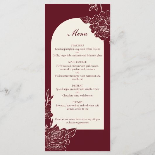 Deep Burgundy Floral Ivory Arch Wedding Menu (Voorkant)