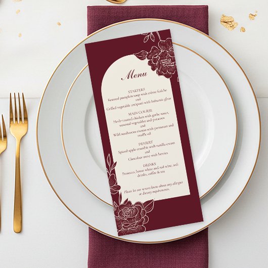 Deep Burgundy Floral Ivory Arch Wedding Menu
