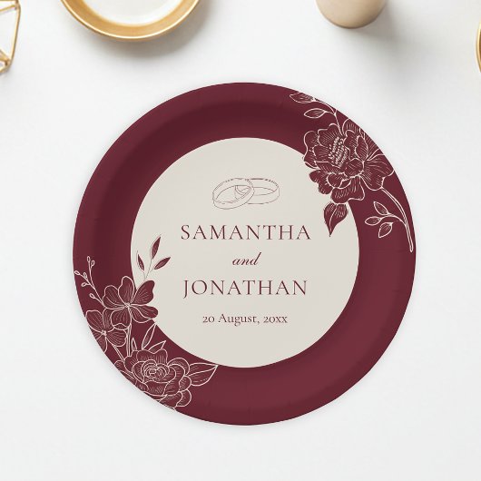 Deep Burgundy Floral Ivory Circle Wedding Papieren Bordje