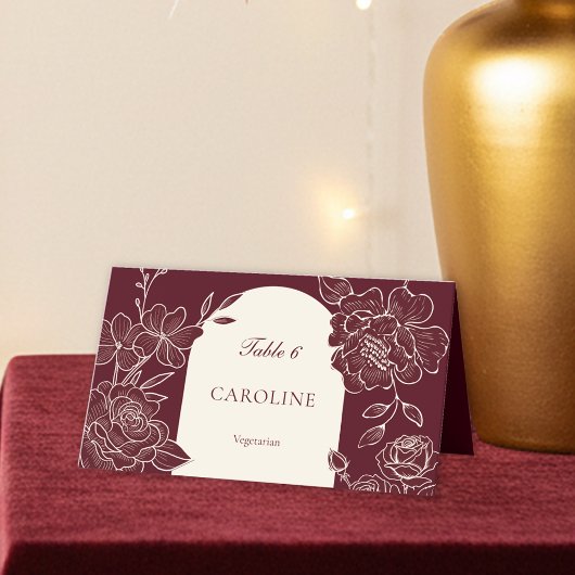 Deep Burgundy Floral Meal Choice Wedding Table Plaatskaartje