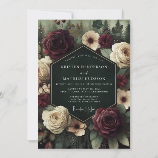 Deep Burgundy Floral Romance Wedding Kaart (Voorkant)