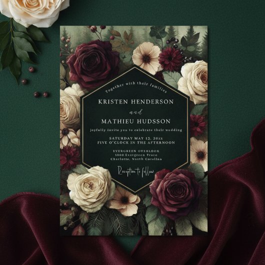 Deep Burgundy Floral Romance Wedding Kaart