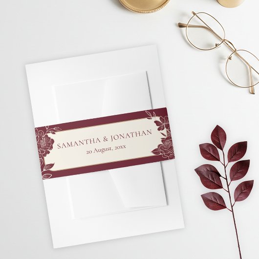 Deep Burgundy Floral Wedding Invitation Belly Band Uitnodigingen Wikkel