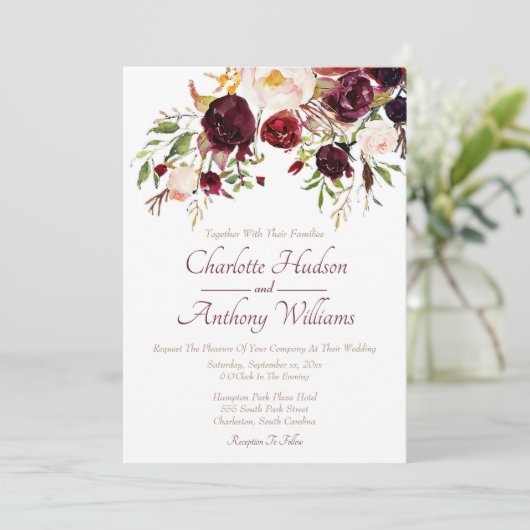 Deep Burgundy Floral Wedding Kaart (Staand voorkant)