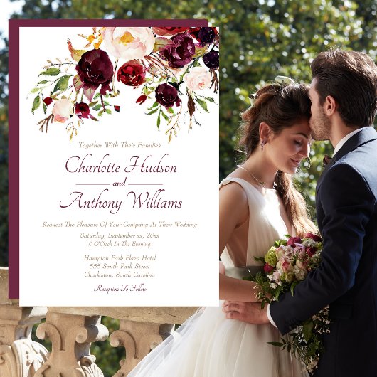 Deep Burgundy Floral Wedding Kaart