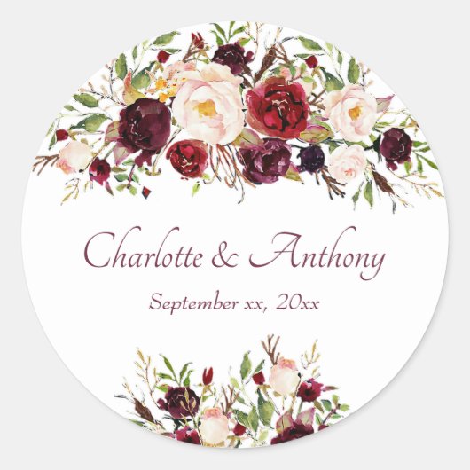 Deep Burgundy Floral Wedding Ronde Sticker (Voorkant)
