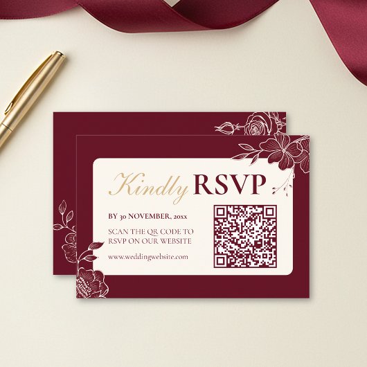 Deep Burgundy Floral Wedding RSVP with QR Code
