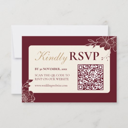 Deep Burgundy Floral Wedding RSVP with QR Code (Voorkant)