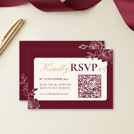 Deep Burgundy Floral Wedding RSVP with QR Code Kaartje