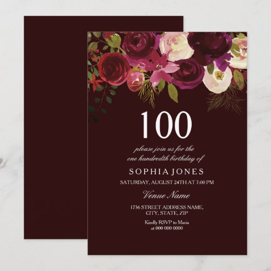 Deep Burgundy Flowers 100th Birthday Party Invite Kaart (Voorkant / Achterkant)