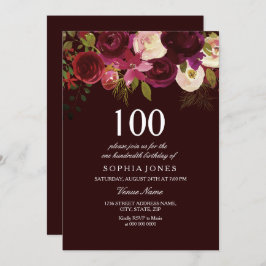 Deep Burgundy Flowers 100th Birthday Party Invite Kaart