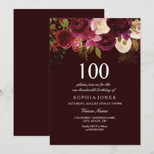 Deep Burgundy Flowers 100th Birthday Party Invite Kaart