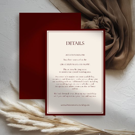 Deep Burgundy Formal Modern Classic Estate Wedding Informatiekaartje