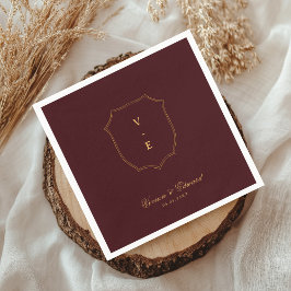 Deep Burgundy & Gold Crest Monogram Winter Wedding Servet