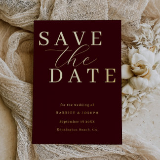 Deep Burgundy & Gold Foil Wedding Save The Date Folie Uitnodiging