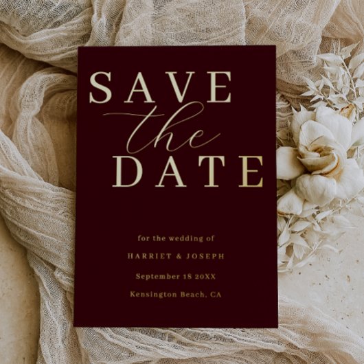 Deep Burgundy & Gold Foil Wedding Save The Date Folie Uitnodiging