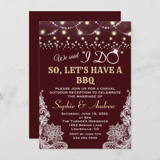 Deep Burgundy Lace String Lights After I DO BBQ Kaart (Voorkant / Achterkant)