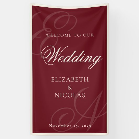 Deep Burgundy Monogram Calligraphy Wedding Welcome Spandoek (Verticaal)
