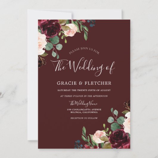 Deep Burgundy Red Wine Blush Floral Weddenschap Kaart (Voorkant)