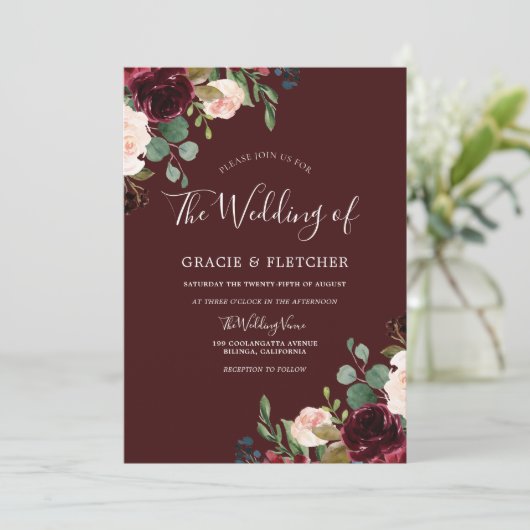 Deep Burgundy Red Wine Blush Floral Weddenschap Kaart (Staand voorkant)