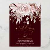Deep Burgundy & Rose Gold Blush Floral Wedding Folie Uitnodiging (Voorkant)