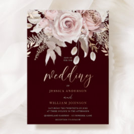 Deep Burgundy & Rose Gold Blush Floral Wedding Folie Uitnodiging