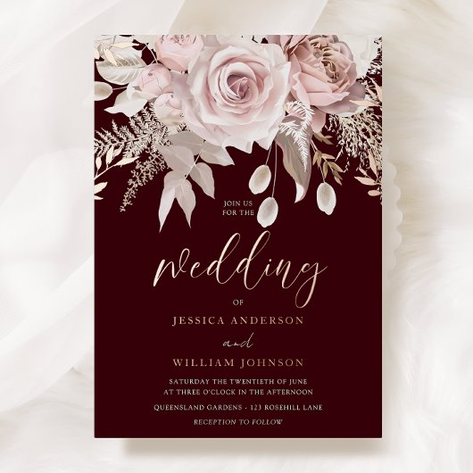 Deep Burgundy & Rose Gold Blush Floral Wedding Folie Uitnodiging