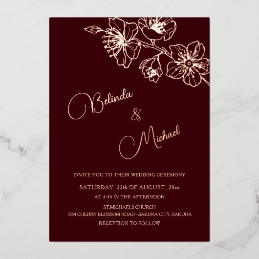Deep Burgundy Rose Gold Line Art | Photo Wedding Folie Uitnodiging (Voorkant)