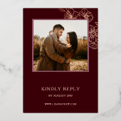 Deep Burgundy Rose Gold Line Art | Photo Wedding Folie Uitnodiging (Achterkant)