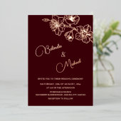 Deep Burgundy Rose Gold Line Art | Photo Wedding Folie Uitnodiging (Staand Voorkant)