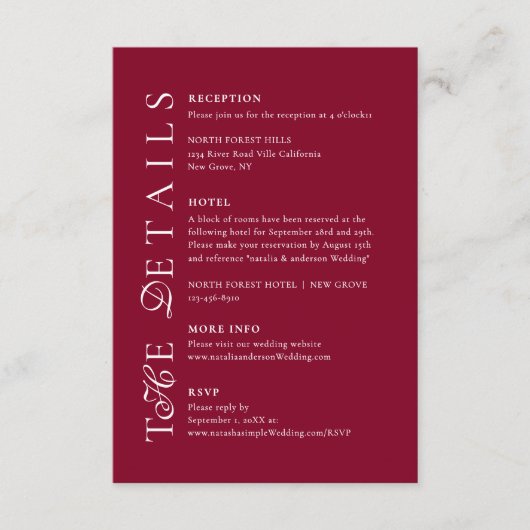 Deep Burgundy Script Wedding Details Informatiekaartje (Voorkant)