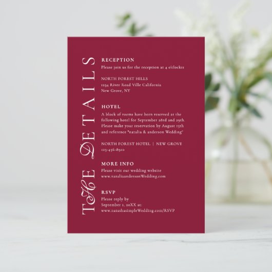 Deep Burgundy Script Wedding Details Informatiekaartje (Staand voorkant)