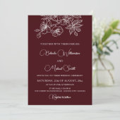 Deep Burgundy White Floral Line Art | Wedding Kaart (Staand voorkant)