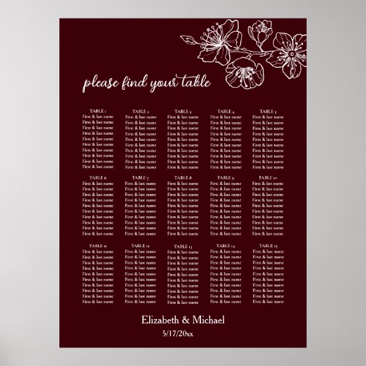 Deep Burgundy White Floral | Wedding Seating Chart Poster (Voorkant)