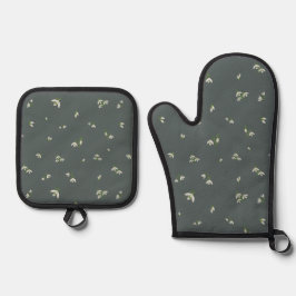 Deep Charcoal Japanese Snowdrop Floral Pattern Ovenwant & Pannenlap Set