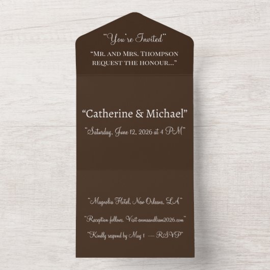 Deep Chocolate Brown Background – Wedding All In One Uitnodiging (Binnen)