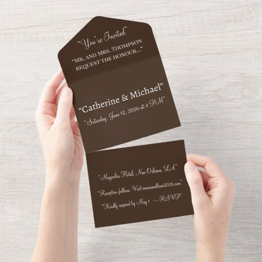 Deep Chocolate Brown Background – Wedding All In One Uitnodiging (Afscheurbaar)